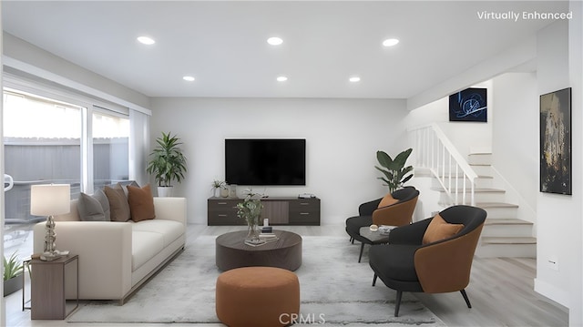 12302 Runnymede St Unit 4, North Hollywood, CA 91605 - living room featuring stairway, recessed lighting, and light wood finished floors