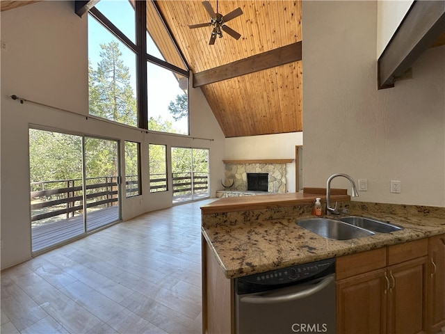 1928 Wilderness Rd, Running Springs, CA 92382 - kitchen featuring stainless steel dishwasher, a sink, high vaulted ceiling, wooden ceiling with exposed beams, and ceiling fan
