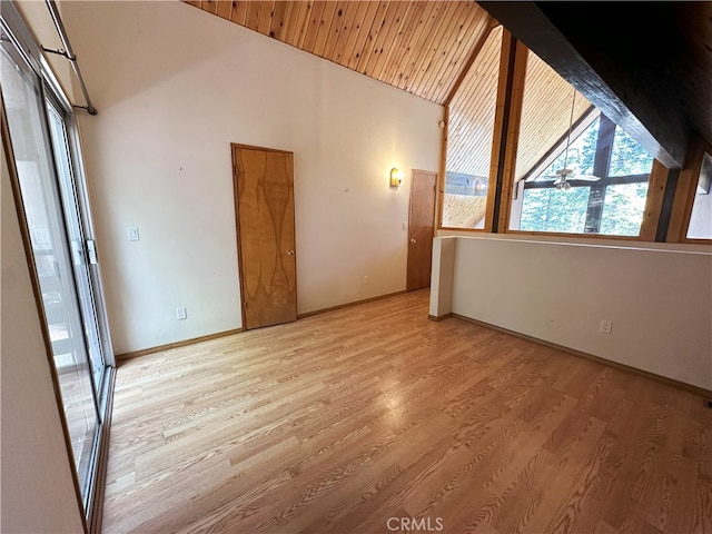 1928 Wilderness Rd, Running Springs, CA 92382 - unfurnished room featuring plenty of natural light, lofted ceiling, wood finished floors, wood ceiling, and baseboards