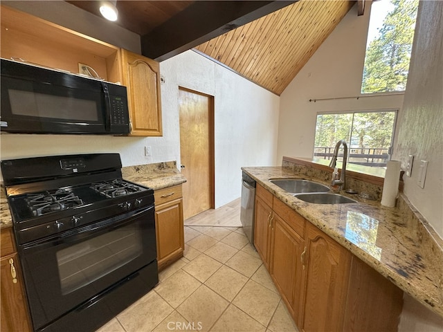 1928 Wilderness Rd, Running Springs, CA 92382 - kitchen featuring black appliances, wooden ceiling with exposed beams, a sink, high vaulted ceiling, and light tile patterned floors
