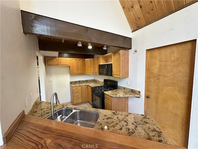 1928 Wilderness Rd, Running Springs, CA 92382 - kitchen featuring black appliances, a sink, brown cabinets, rail lighting, and light stone countertops