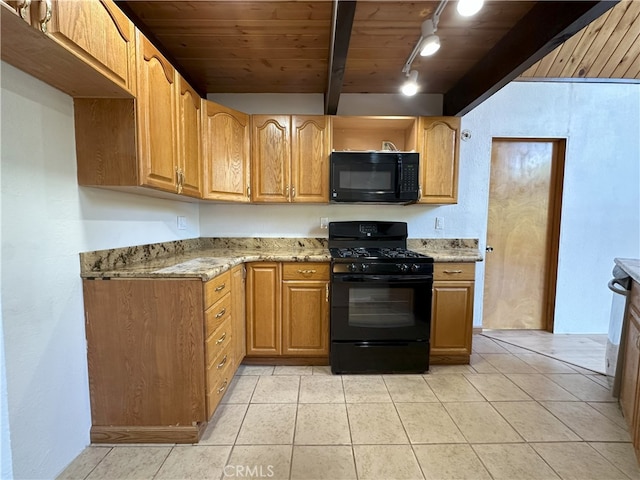 1928 Wilderness Rd, Running Springs, CA 92382 - kitchen with black appliances, light stone counters, wood ceiling with exposed beams, light tile patterned floors, and rail lighting