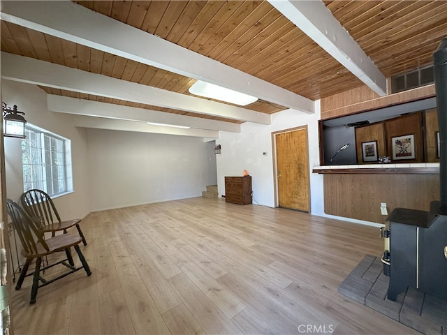 1928 Wilderness Rd, Running Springs, CA 92382 - unfurnished room with a wood stove, light wood finished floors, wooden ceiling with exposed beams, and baseboards