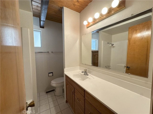 1928 Wilderness Rd, Running Springs, CA 92382 - bathroom with tile patterned flooring, toilet, vanity, wood ceiling, and a shower