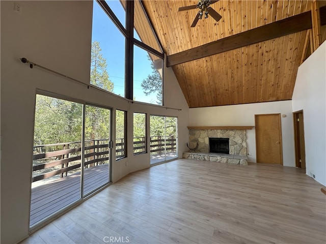 1928 Wilderness Rd, Running Springs, CA 92382 - unfurnished living room with high vaulted ceiling, ceiling fan, wooden ceiling with exposed beams, a stone fireplace, and wood finished floors