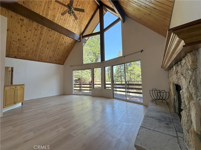1928 Wilderness Rd, Running Springs, CA 92382 - unfurnished living room with high vaulted ceiling, ceiling fan, a fireplace, light wood-type flooring, and wooden ceiling with exposed beams