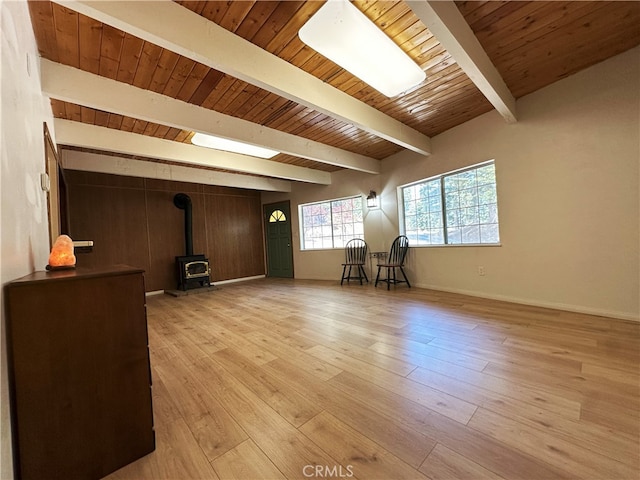 1928 Wilderness Rd, Running Springs, CA 92382 - spare room with a wood stove, light wood-style floors, wood ceiling with exposed beams, and baseboards