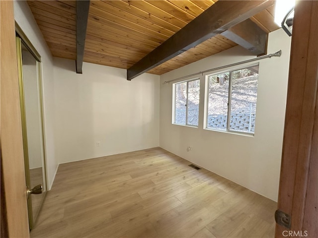1928 Wilderness Rd, Running Springs, CA 92382 - spare room with light wood-style floors and wood ceiling with exposed beams