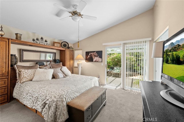 23981 Via Astuto, Murrieta, CA 92562 - bedroom featuring light colored carpet, access to outside, a ceiling fan, and high vaulted ceiling
