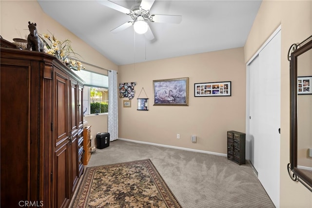 23981 Via Astuto, Murrieta, CA 92562 - entrance foyer with light colored carpet, a ceiling fan, vaulted ceiling, and baseboards