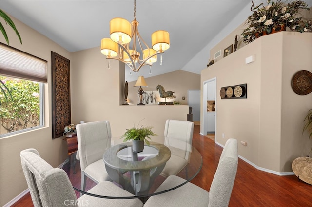 23981 Via Astuto, Murrieta, CA 92562 - dining area with wood finished floors, a chandelier, baseboards, and vaulted ceiling