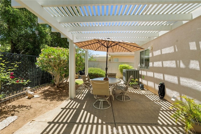 23981 Via Astuto, Murrieta, CA 92562 - fenced backyard with outdoor dining space, a pergola, central AC unit, and a patio area