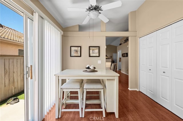 23981 Via Astuto, Murrieta, CA 92562 - dining space with vaulted ceiling, wood finished floors, and a ceiling fan