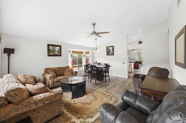 14204 Legacy Ln, El Cajon, CA 92021 - living room featuring wood finished floors, a ceiling fan, and lofted ceiling
