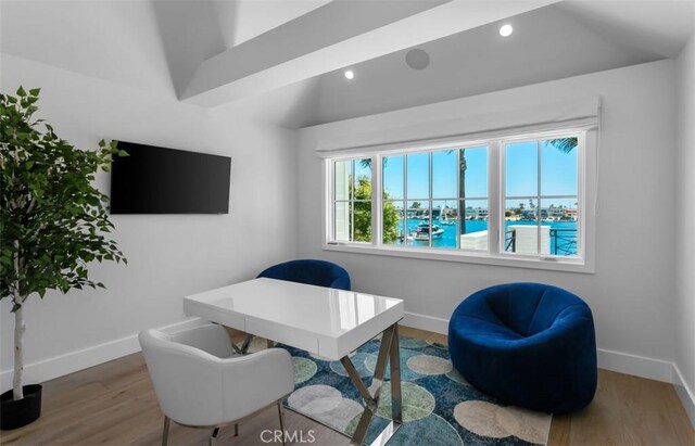 2401 Bayshore Dr, Newport Beach, CA 92663 - office space with baseboards, wood finished floors, vaulted ceiling, and recessed lighting