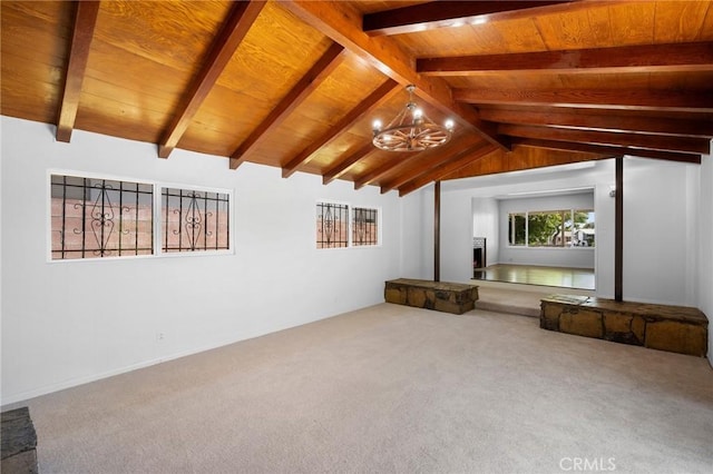 2931 W 137th St, Gardena, CA 90249 - unfurnished living room featuring a chandelier, carpet, wood ceiling, and a fireplace with raised hearth