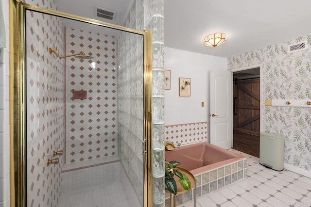 9739 Carta Ln, El Cajon, CA 92021 - bathroom featuring wallpapered walls, a bath, a stall shower, and tile patterned floors