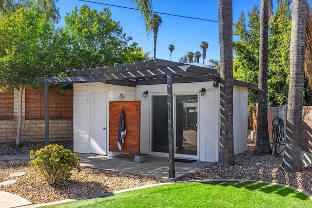 9739 Carta Ln, El Cajon, CA 92021 - rear view of house with a pergola, an outdoor structure, and a patio