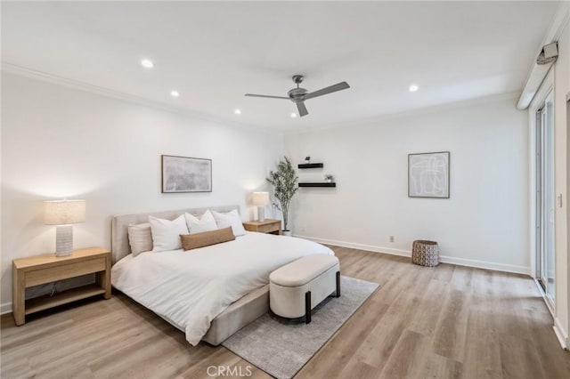 450 San Vicente Blvd Unit 203, Santa Monica, CA 90402 - bedroom featuring recessed lighting, light wood-style floors, crown molding, baseboards, and ceiling fan