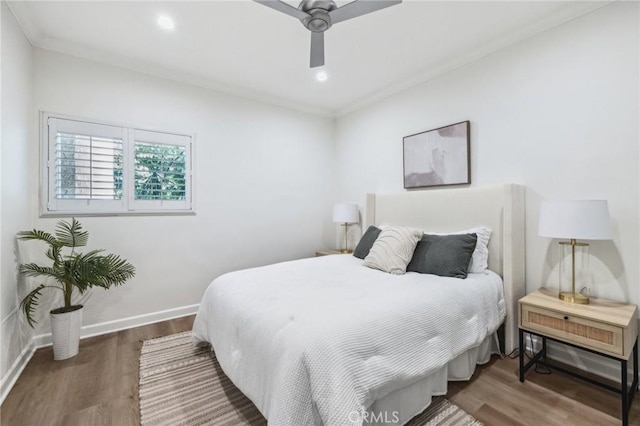450 San Vicente Blvd Unit 203, Santa Monica, CA 90402 - bedroom with ornamental molding, wood finished floors, baseboards, ceiling fan, and recessed lighting