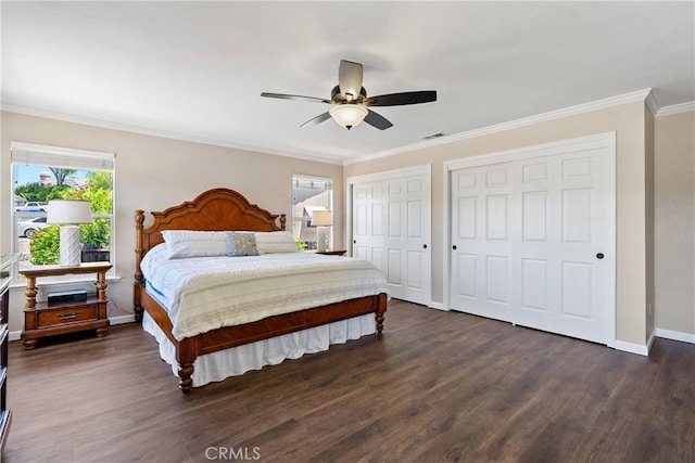 1534 Via Arroyo, Paso Robles, CA 93446 - bedroom with dark wood-style floors, baseboards, two closets, crown molding, and ceiling fan