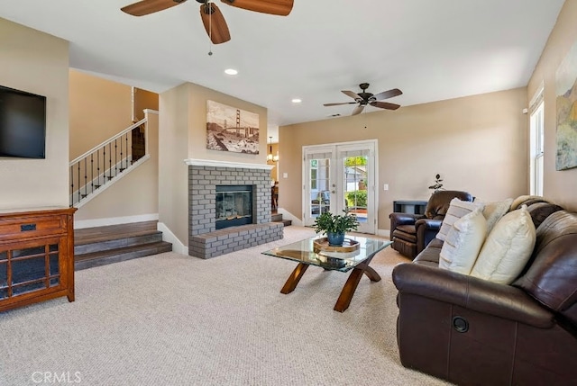1534 Via Arroyo, Paso Robles, CA 93446 - living area featuring a ceiling fan, a fireplace, stairs, carpet floors, and recessed lighting