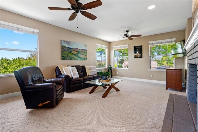 1534 Via Arroyo, Paso Robles, CA 93446 - carpeted living area featuring baseboards, ceiling fan, recessed lighting, and a brick fireplace