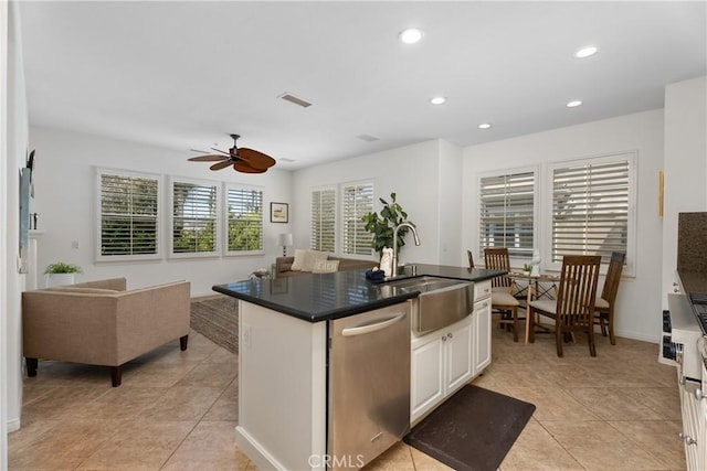 6249 Pacific Pointe Dr Unit 16, Huntington Beach, CA 92648 - kitchen featuring stainless steel dishwasher, a ceiling fan, a sink, light tile patterned floors, and recessed lighting