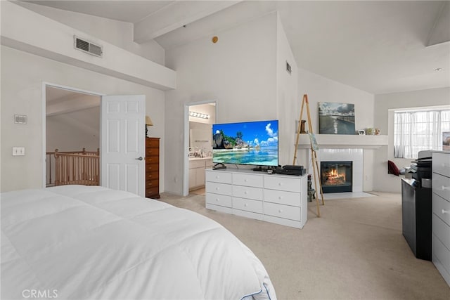 15058 Providence Ln, North Hills, CA 91343 - bedroom with light colored carpet, a fireplace, and connected bathroom