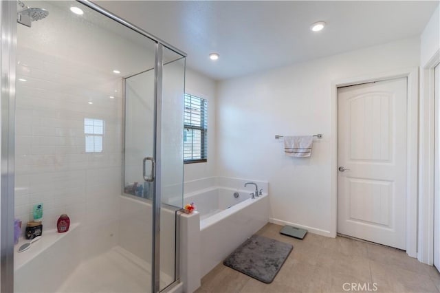 956 W Clover Ave, Rialto, CA 92376 - bathroom with a garden tub, a stall shower, baseboards, tile patterned floors, and recessed lighting