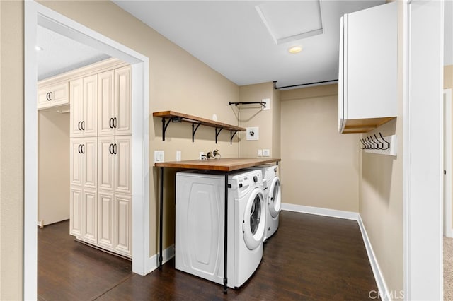 8729 Hillside Rd, Rancho Cucamonga, CA 91701 - laundry room with washing machine and clothes dryer, cabinet space, dark wood finished floors, baseboards, and recessed lighting