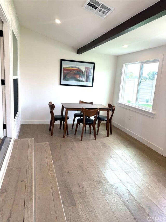 16913 Covello St, Van Nuys, CA 91406 - dining space featuring beam ceiling, light wood-type flooring, and recessed lighting
