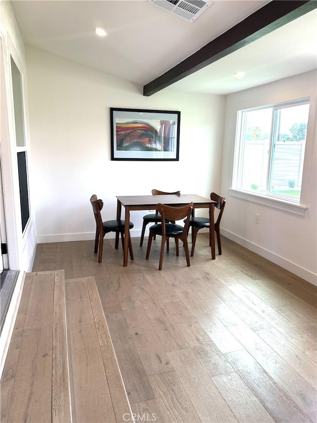 16913 Covello St, Van Nuys, CA 91406 - dining room featuring beam ceiling, light wood-style flooring, and recessed lighting