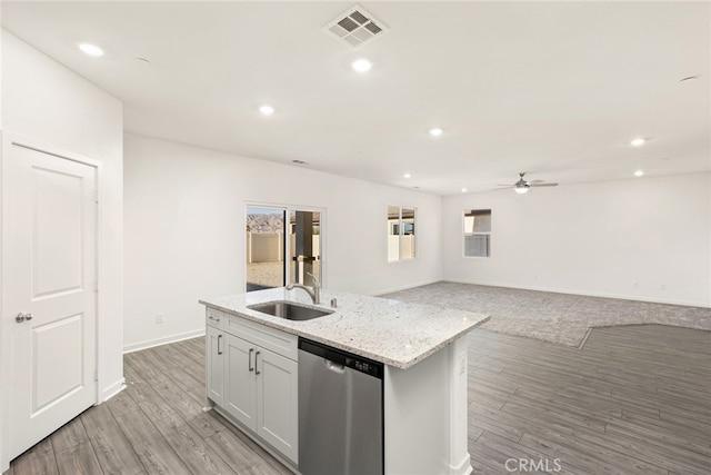 42499 Aruba Ct, Indio, CA 92201 - kitchen with stainless steel dishwasher, a sink, a ceiling fan, recessed lighting, and an island with sink