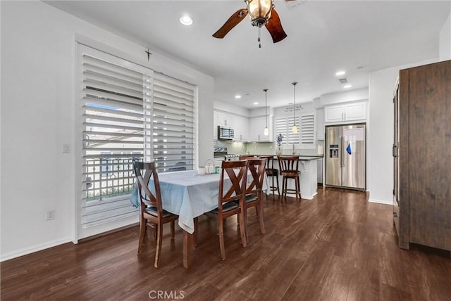 12473 Constellation St, Eastvale, CA 91752 - dining room featuring ceiling fan, dark wood-type flooring, baseboards, and recessed lighting
