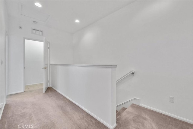 12473 Constellation St, Eastvale, CA 91752 - hall with an upstairs landing, carpet floors, recessed lighting, attic access, and baseboards
