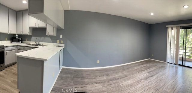 6815 Remmet Ave Unit 219, Canoga Park, CA 91303 - kitchen with stainless steel appliances, light wood-style flooring, light countertops, a peninsula, and recessed lighting