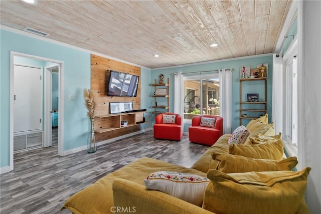 16302 Graystone Ave, Norwalk, CA 90650 - living room with crown molding, wood ceiling, recessed lighting, wood finished floors, and baseboards