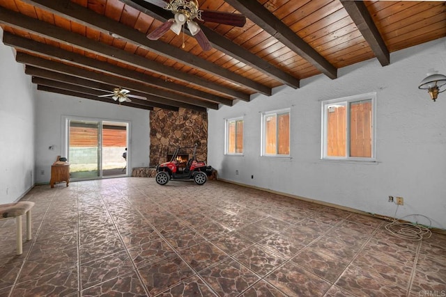 146 Padre Tullio Dr, San Ysidro, CA 92173 - unfurnished living room with ceiling fan, plenty of natural light, wood ceiling with exposed beams, and a wood stove