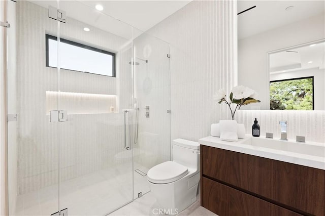 4211 Agnes Ave, Studio City, CA 91604 - full bath with toilet, vanity, a shower stall, and recessed lighting