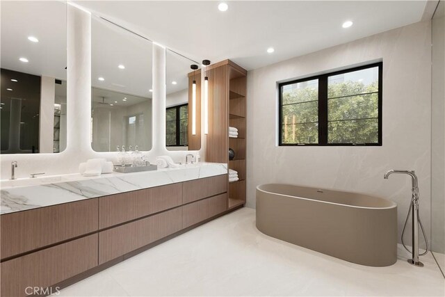4211 Agnes Ave, Studio City, CA 91604 - bathroom featuring double vanity, a soaking tub, healthy amount of natural light, a walk in shower, and recessed lighting