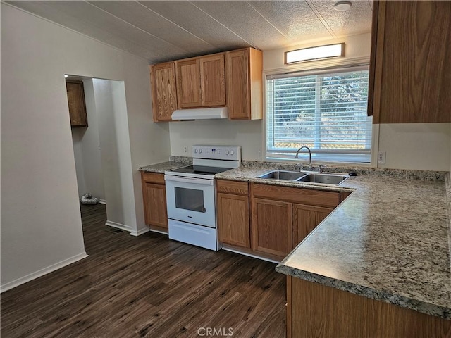 2890 7th St, Clearlake, CA 95422 - kitchen featuring white electric range oven, a sink, under cabinet range hood, dark wood-type flooring, and brown cabinetry