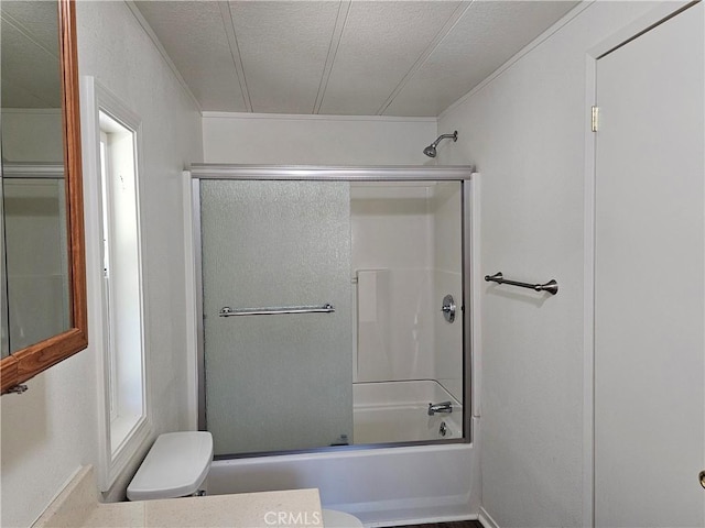 2890 7th St, Clearlake, CA 95422 - full bath with toilet, crown molding, bath / shower combo with glass door, a textured ceiling, and vanity