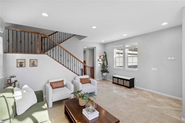 45614 Hawk Ct, Temecula, CA 92592 - living room with stairs, recessed lighting, baseboards, and tile patterned flooring