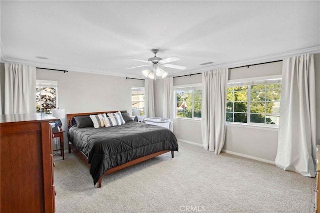 45614 Hawk Ct, Temecula, CA 92592 - bedroom with crown molding, baseboards, light carpet, and a ceiling fan