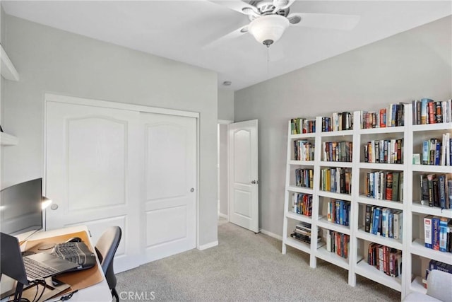 45614 Hawk Ct, Temecula, CA 92592 - office area with a ceiling fan, light carpet, and baseboards