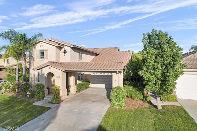 45614 Hawk Ct, Temecula, CA 92592 - mediterranean / spanish home with a tiled roof, concrete driveway, stucco siding, a front yard, and an attached garage