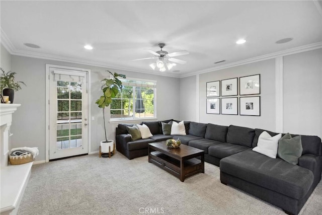 45614 Hawk Ct, Temecula, CA 92592 - living area with carpet flooring, ornamental molding, ceiling fan, baseboards, and recessed lighting