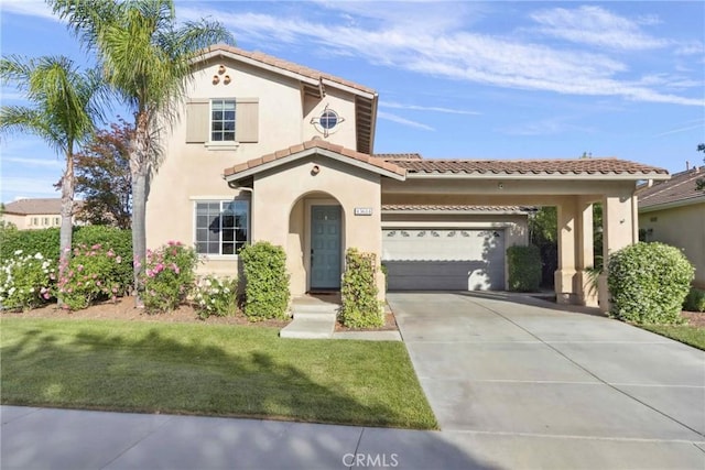 45614 Hawk Ct, Temecula, CA 92592 - mediterranean / spanish home with stucco siding, a tiled roof, a garage, concrete driveway, and a front lawn