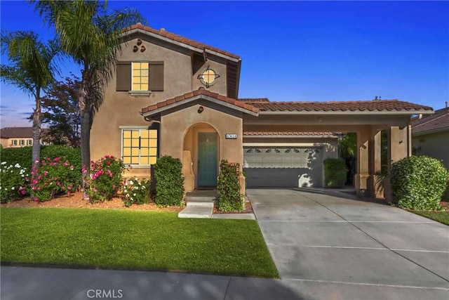 45614 Hawk Ct, Temecula, CA 92592 - mediterranean / spanish-style house featuring stucco siding, a tiled roof, an attached garage, and concrete driveway